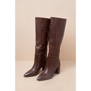 Katari Espresso Croc-Embossed Pointed-Toe Knee High Boots